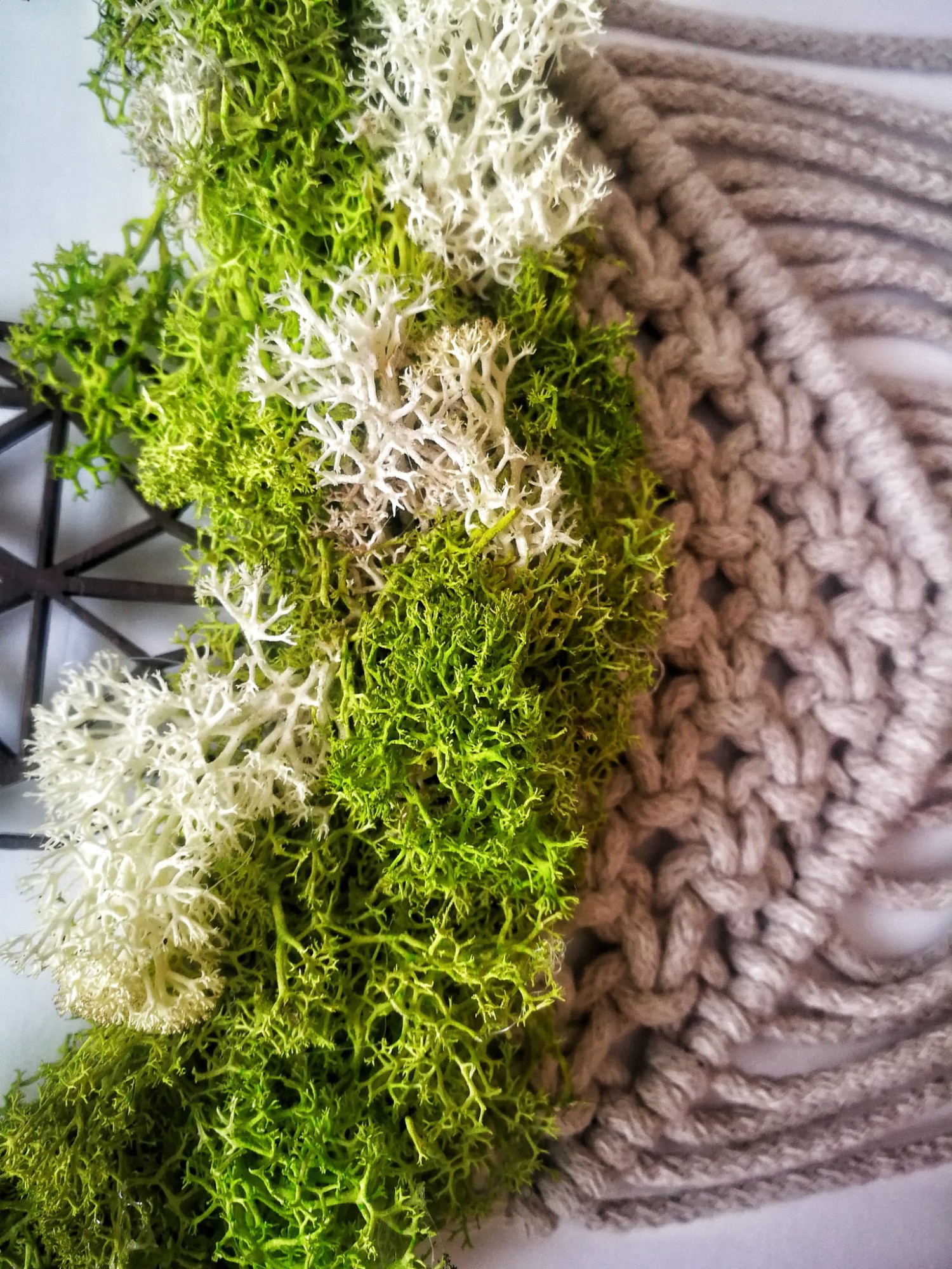 jeleń z chrobotkiem i makramą handmade