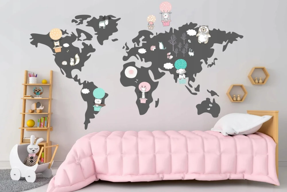 Naklejka ścienna do pokoju dziecka mapa świata