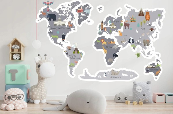 Naklejka ścienna do pokoju dziecka mapa świata
