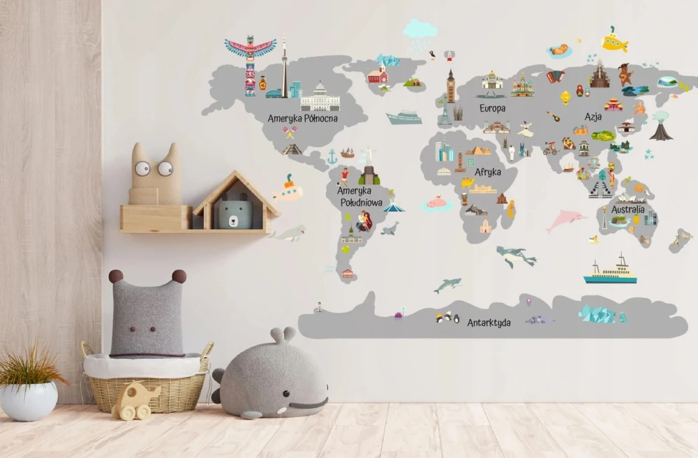 Naklejka ścienna do pokoju dziecka mapa świata