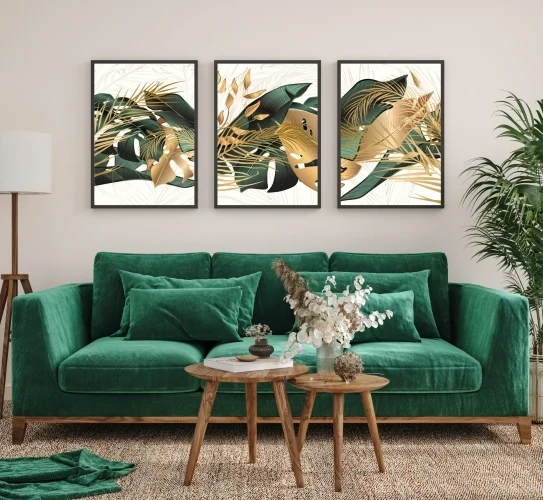 elegancki tryptyk butelkowa zieleń i złoto