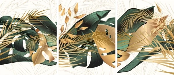 Plakaty zestaw 3 złota monstera do salonu glamour