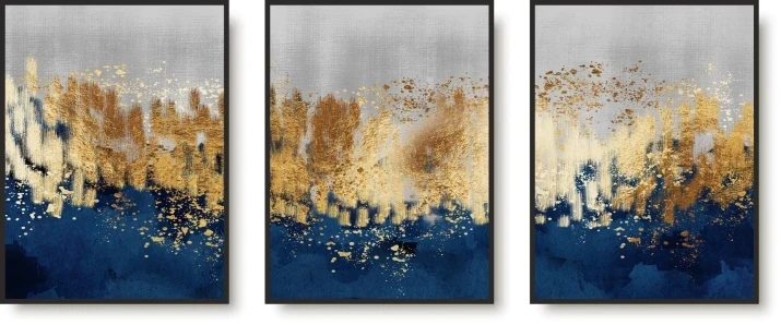 nowoczesna abstrakcja granat ze złotem tryptyk