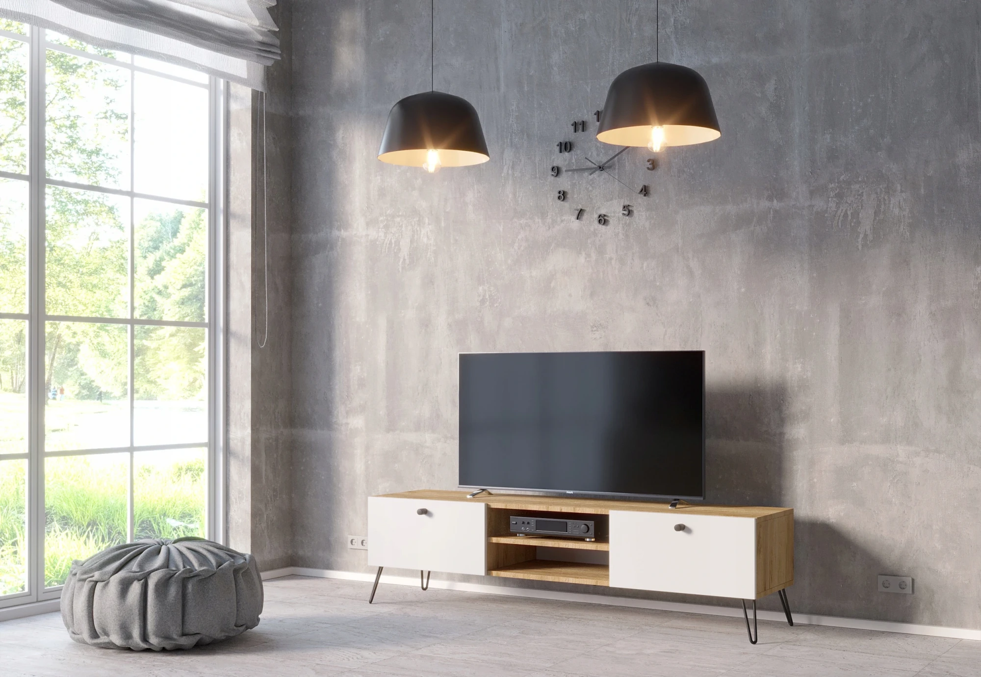 Szafka RTV dąb biel 140 cm nowoczesne wnętrze