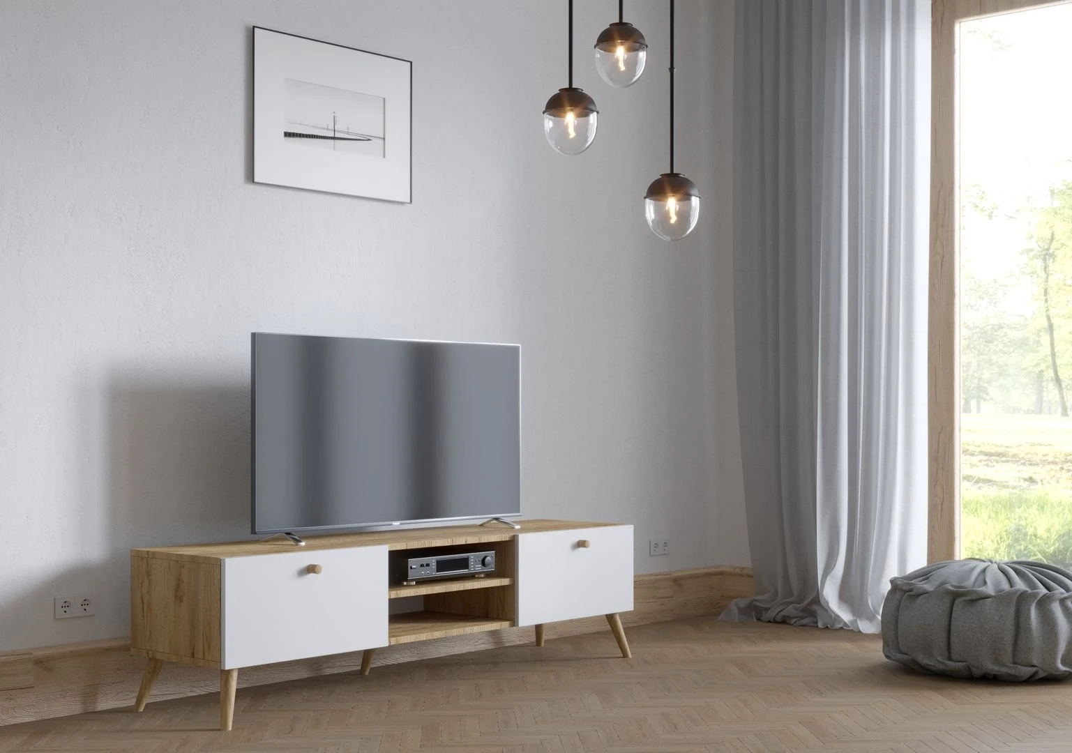 Szafka RTV dąb biały 180 na drewnianych nóżkach