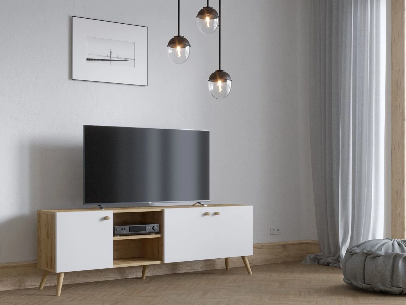 Szafka RTV dąb biały 160 na drewnianych nóżkach