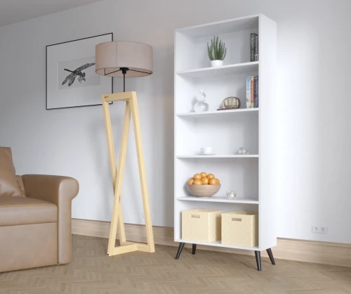 Regał na książki do gabinetu, wysoki biały, drewniane nogi