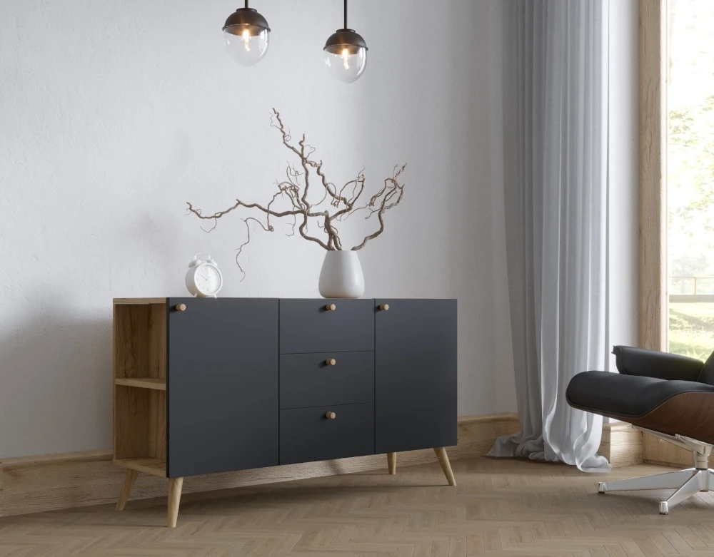 Komoda loft z szufladami i półkami drewniane nogi