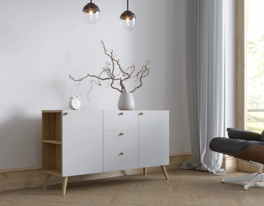 Komoda skandi z szufladami i półkami drewniane nogi biała