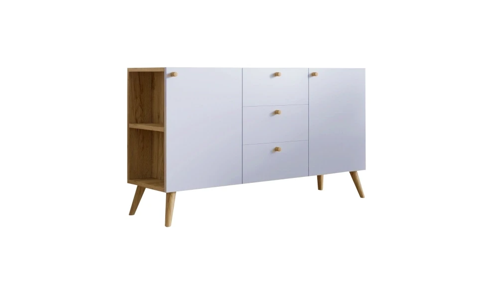 Komoda skandi z szufladami i półkami drewniane nogi biała