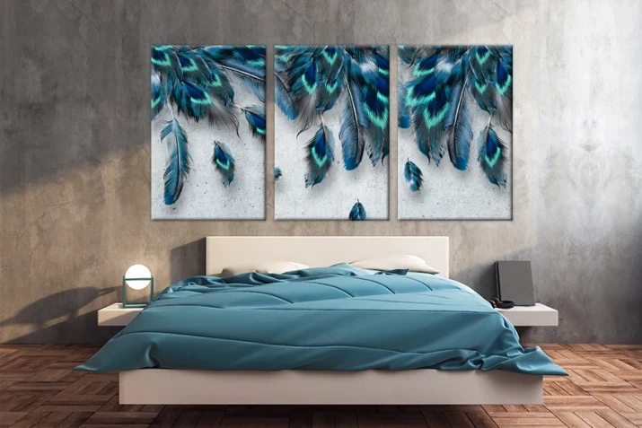 Obraz na płótnie canvas tryptyk niebieskie pióra