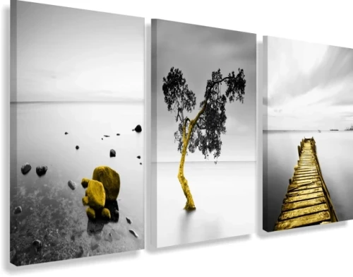 Obraz na płótnie canvas tryptyk drzewo szary złoty
