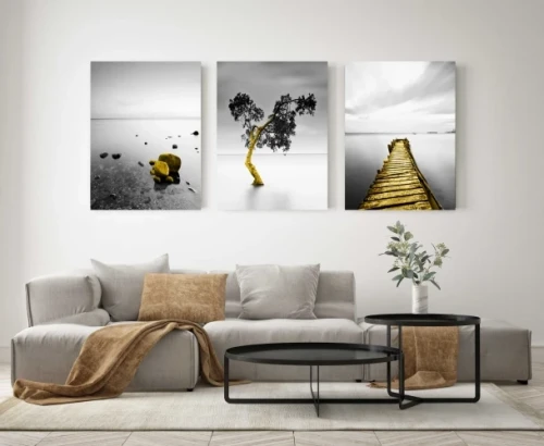 Obraz na płótnie canvas tryptyk drzewo szary złoty