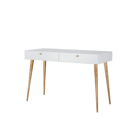 białe biurko z szufladami drewniane nogi