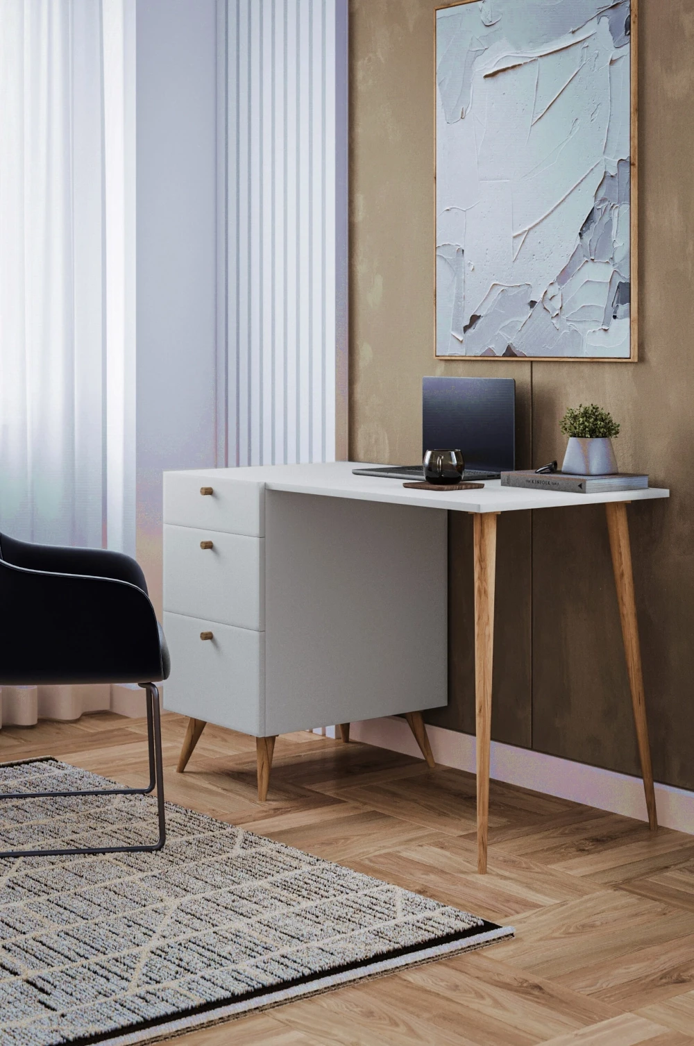 biurko na drewnianych nogach