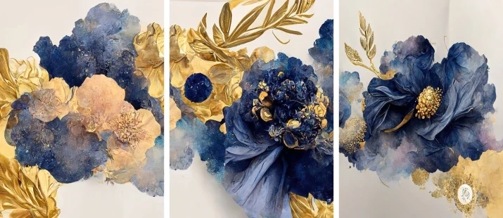 Zestaw trzech plakatów bez ramek złoto granatowe kwiaty