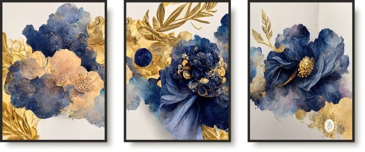 Zestaw trzech plakatów bez ramek złoto granatowe kwiaty