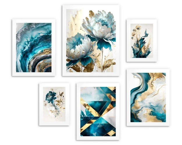 Zestaw plakatów 6 szt, plakaty turkusowe kwiaty