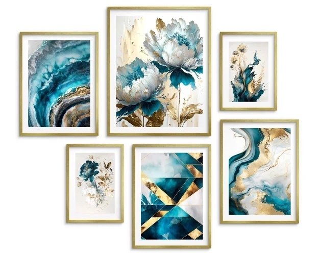 Zestaw plakatów 6 szt, plakaty turkusowe kwiaty