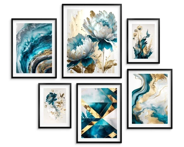 Zestaw plakatów 6 szt, plakaty turkusowe kwiaty