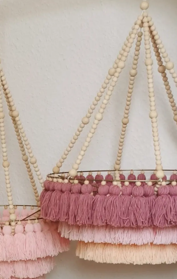 Lampa boho - kolorowy abażur ze sznurka z koralikami