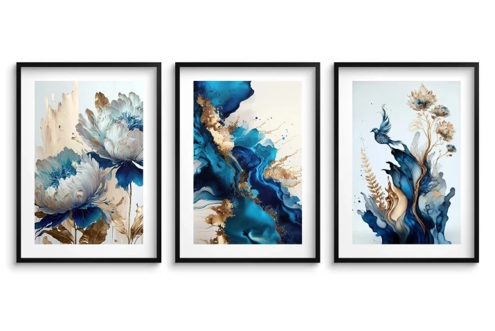 Zestaw trzech plakatów plakaty bez ramek niebieskie kwiaty
