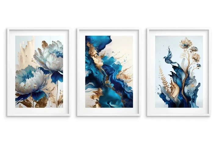 Zestaw trzech plakatów plakaty bez ramek niebieskie kwiaty