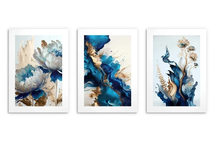 Zestaw trzech plakatów plakaty bez ramek niebieskie kwiaty