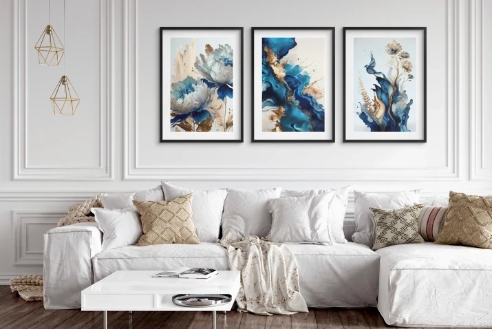 Zestaw trzech plakatów plakaty bez ramek niebieskie kwiaty