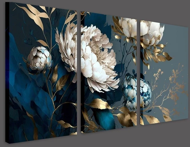 Obraz na płótnie canvas tryptyk niebieski, złoty kwiaty