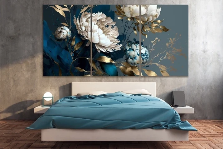 Obraz na płótnie canvas tryptyk niebieski, złoty kwiaty