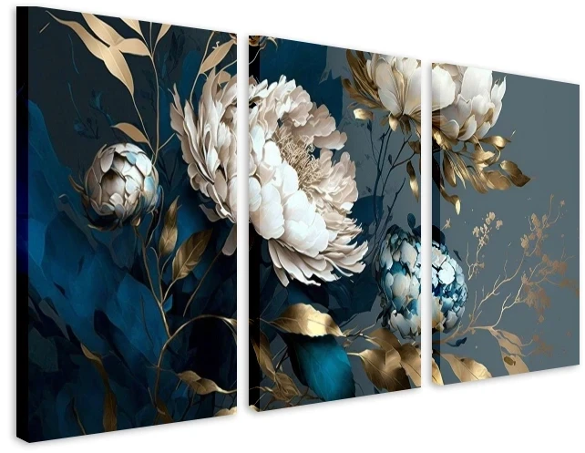 Obraz na płótnie canvas tryptyk niebieski, złoty kwiaty