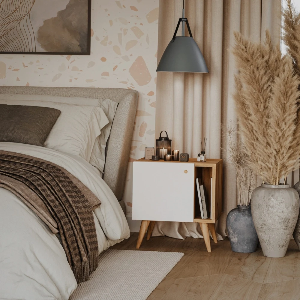 Stolik nocny, szafka nocna kolor biały / dąb