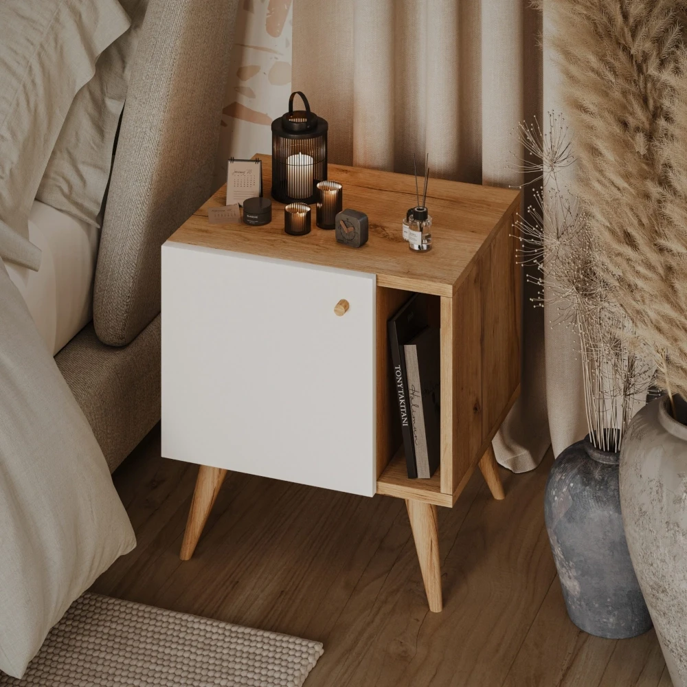 Stolik nocny, szafka nocna kolor biały / dąb