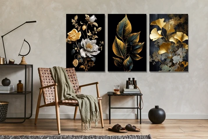 Obraz na płótnie canvas tryptyk złote kwiaty