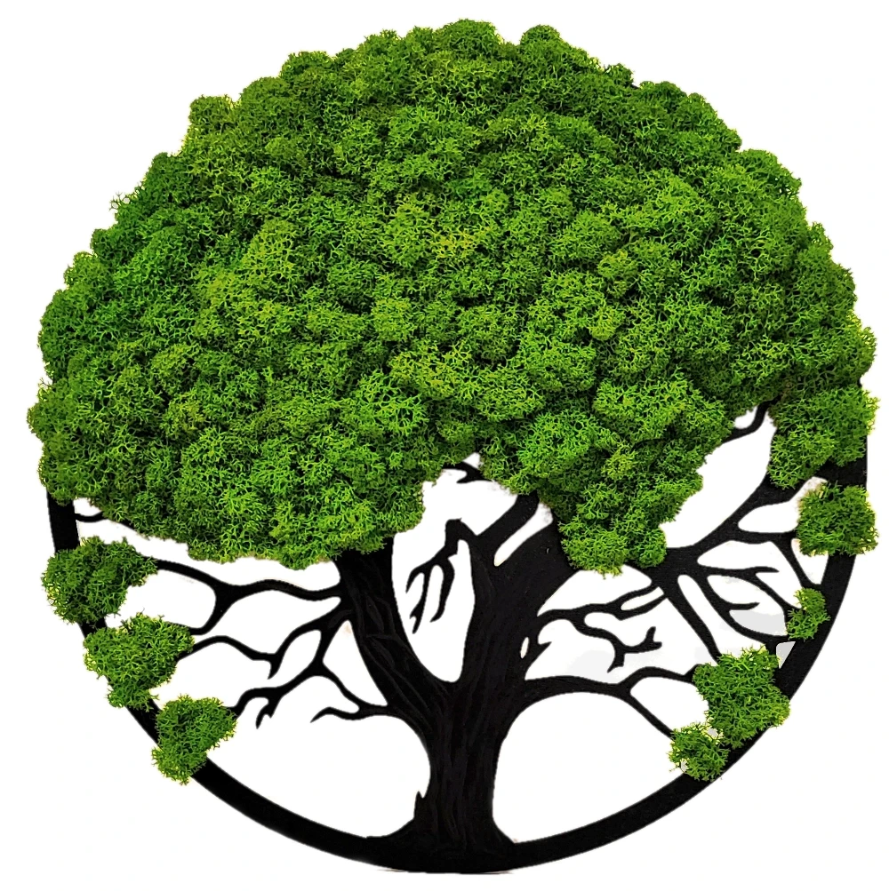 Drzewko z chrobotkiem w okrągłej ramce.