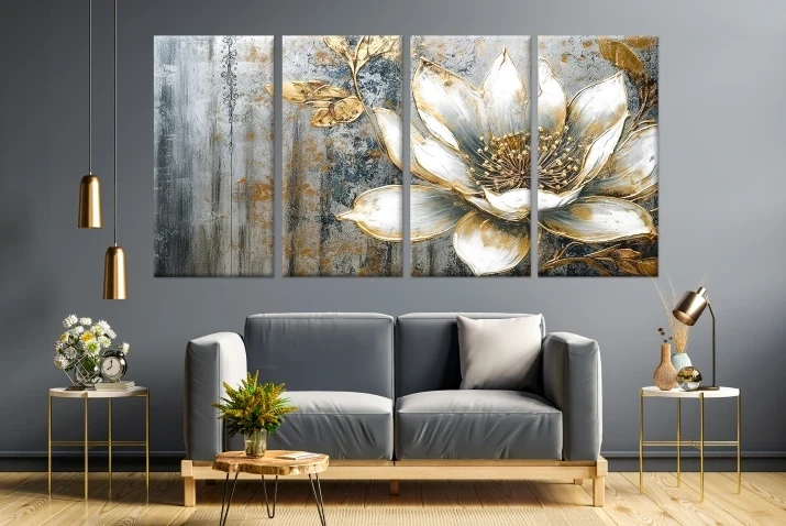 Obraz na płótnie canvas 4 el. kwiaty złoty
