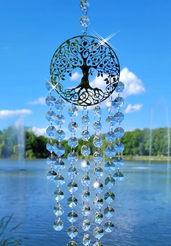 Szklany łapacz słońca handmade Drzewo bezbarwne koraliki