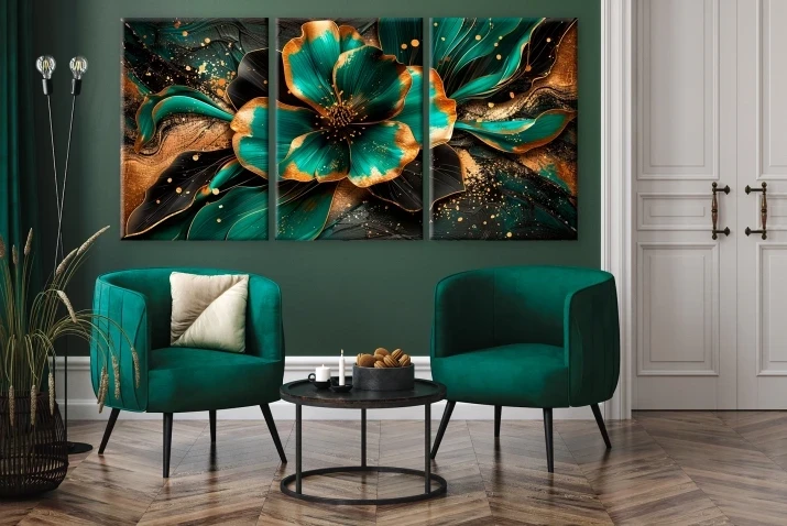 Obraz na płótnie tryptyk zielony złoty