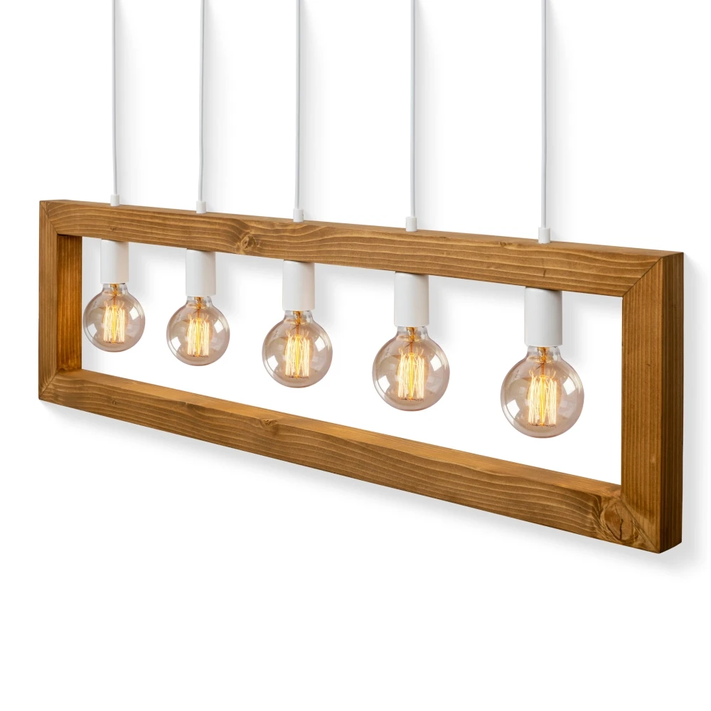 Lampa wisząca industrialna nad wyspę kuchenną, 4 punkty świetlne, drewniana rama dąb, styl loftowy PatiHome