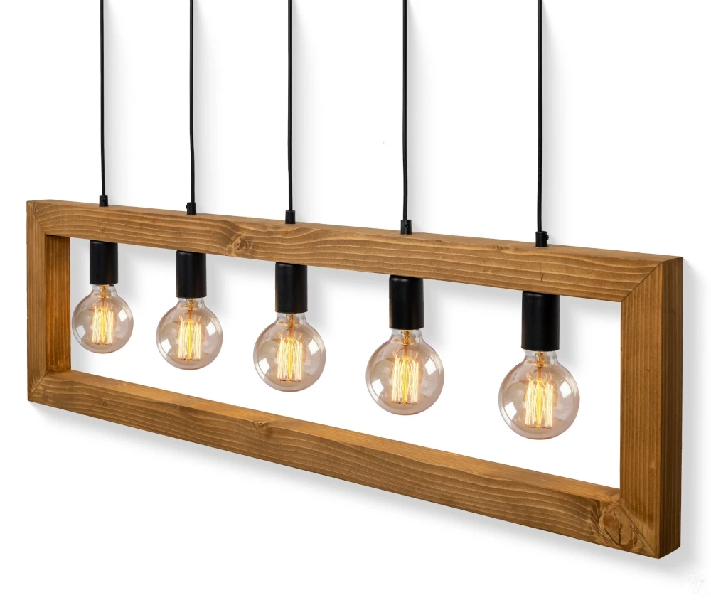 Drewniana lampa sufitowa typu loft nad stół, detale z czarnego metalu, żarówki Edison, oświetlenie do kuchni PatiHome