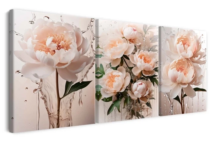 Obraz na płótnie, tryptyk kwiaty peonie