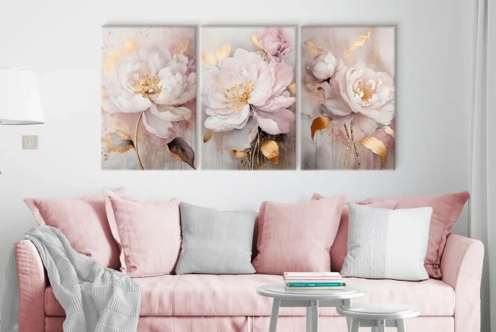 Obraz na płótnie, tryptyk kwiaty peonie