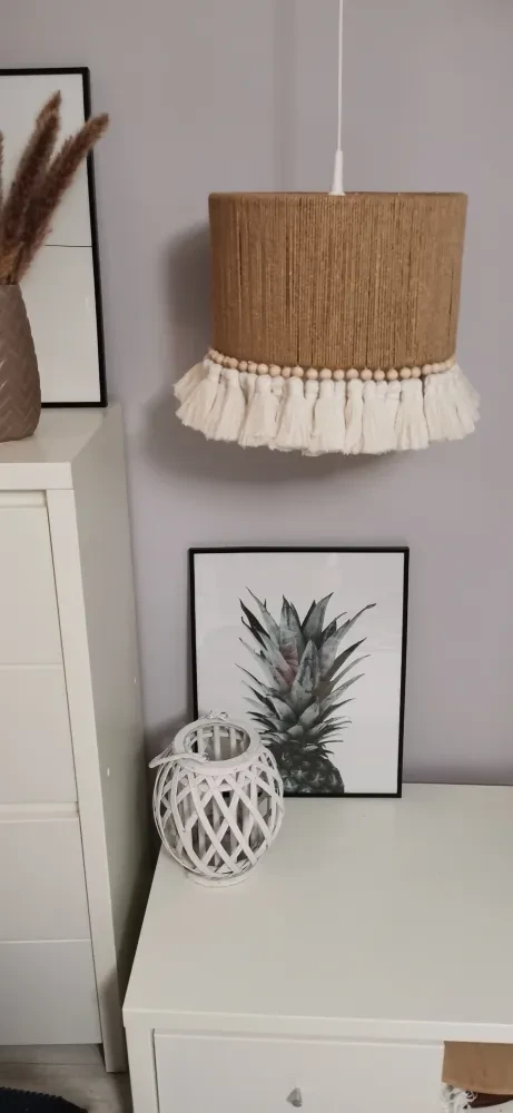 Lampa boho - abażur juta, chwosty, koraliki