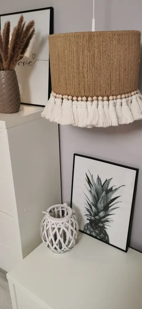 Lampa boho - abażur juta, chwosty, koraliki