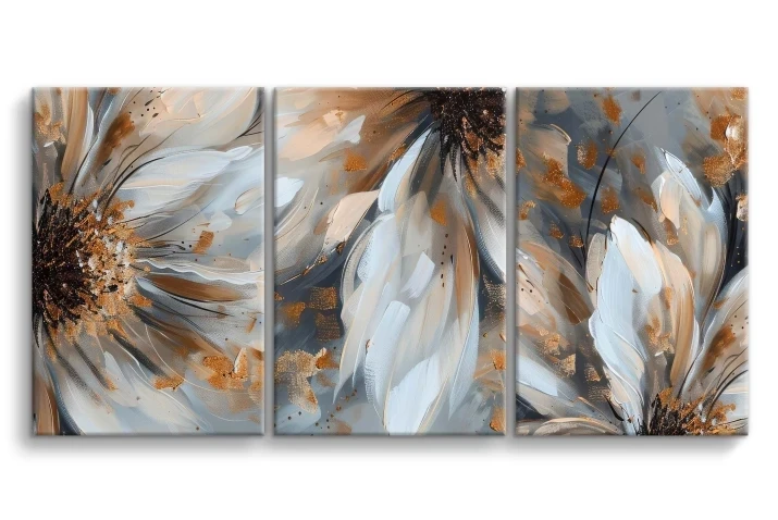 tryptyk w kwiaty beż i złoto