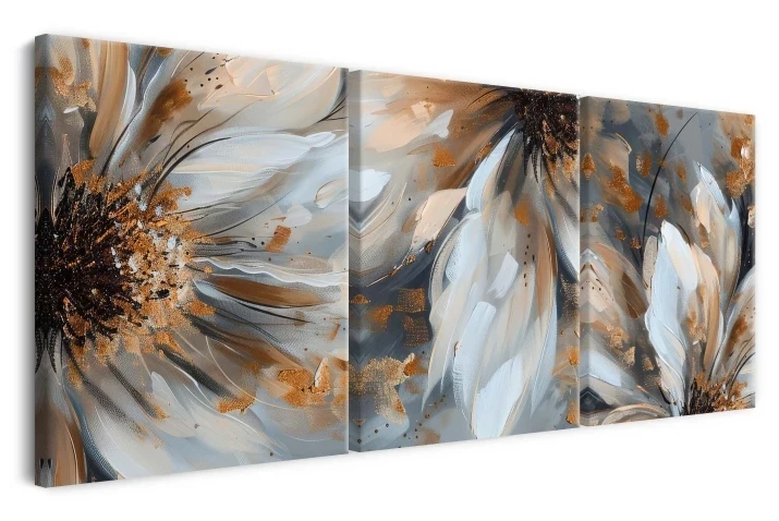 tryptyk w kwiaty beż i złoto