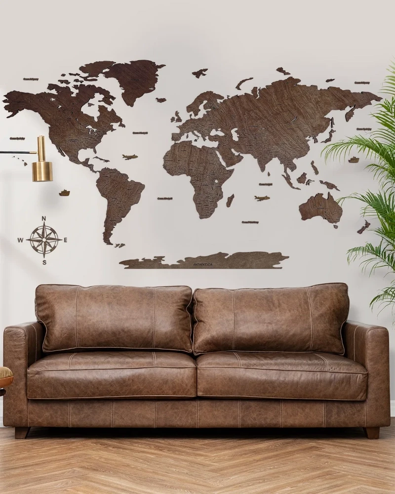 Drewniana mapa Świata Premium kolor czekolada
