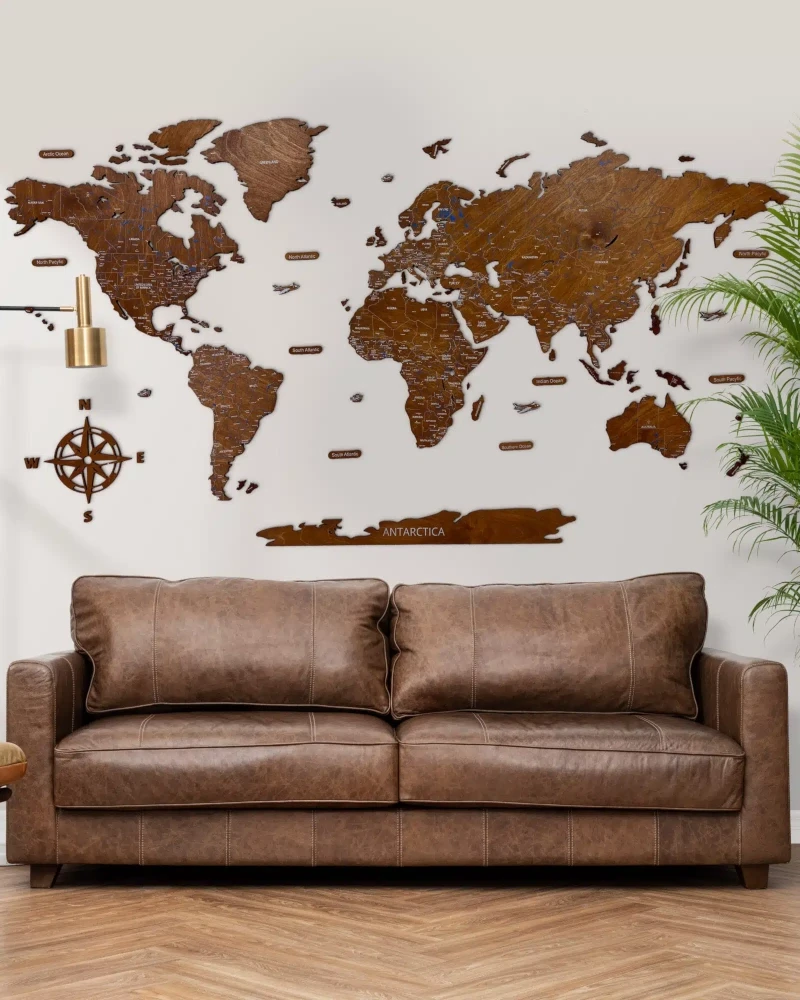 Drewniana mapa Świata Premium kolor orzech