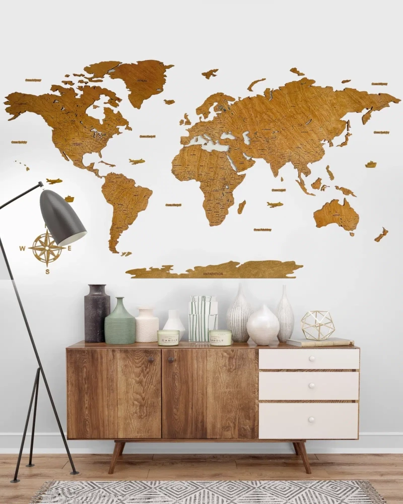 Drewniana mapa Świata Premium kolor dąb